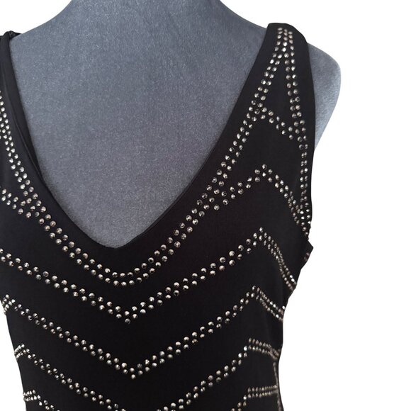 Carmen Marc Valvo Black Studded Chevron Sleeveless V-Neck Bodycon Dress XL Polye - Picture 2 of 5